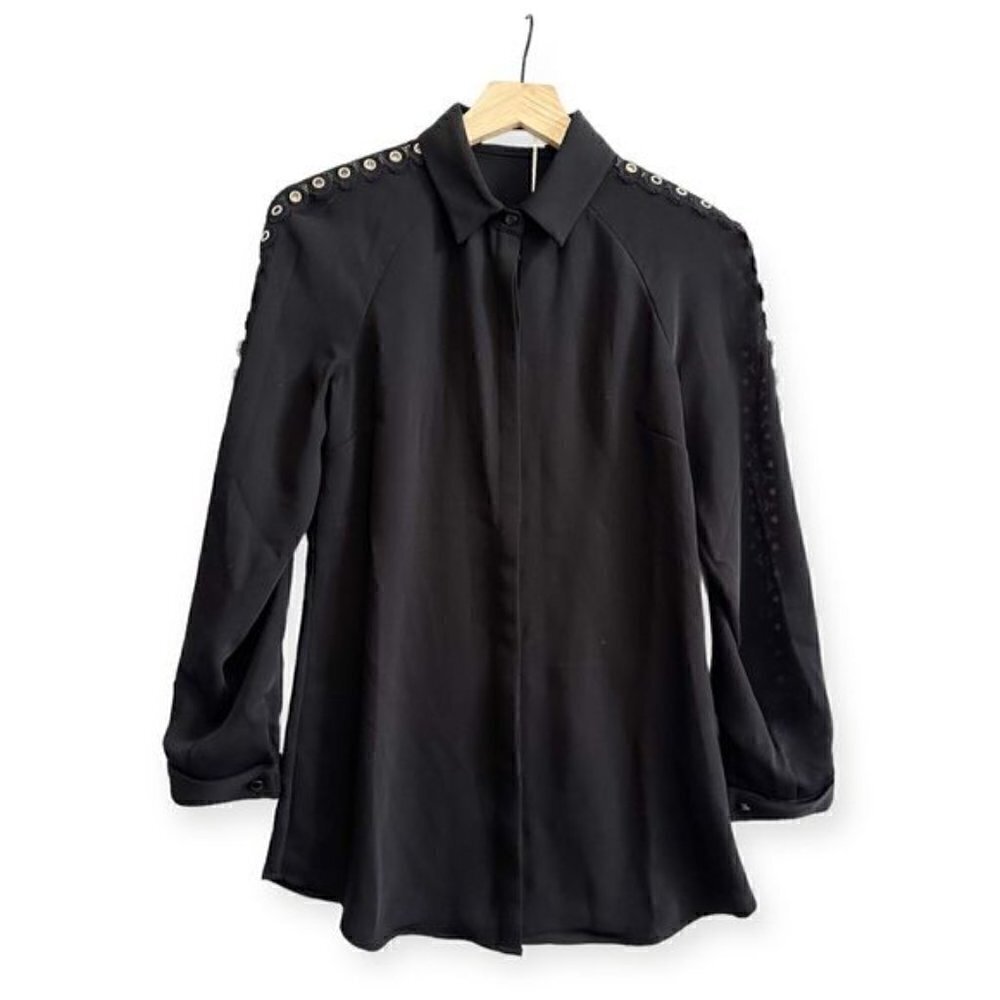 NWT, Anne Fontaine Lutine Long Sleeve Blouse with eyelets, black, Size 36EU
